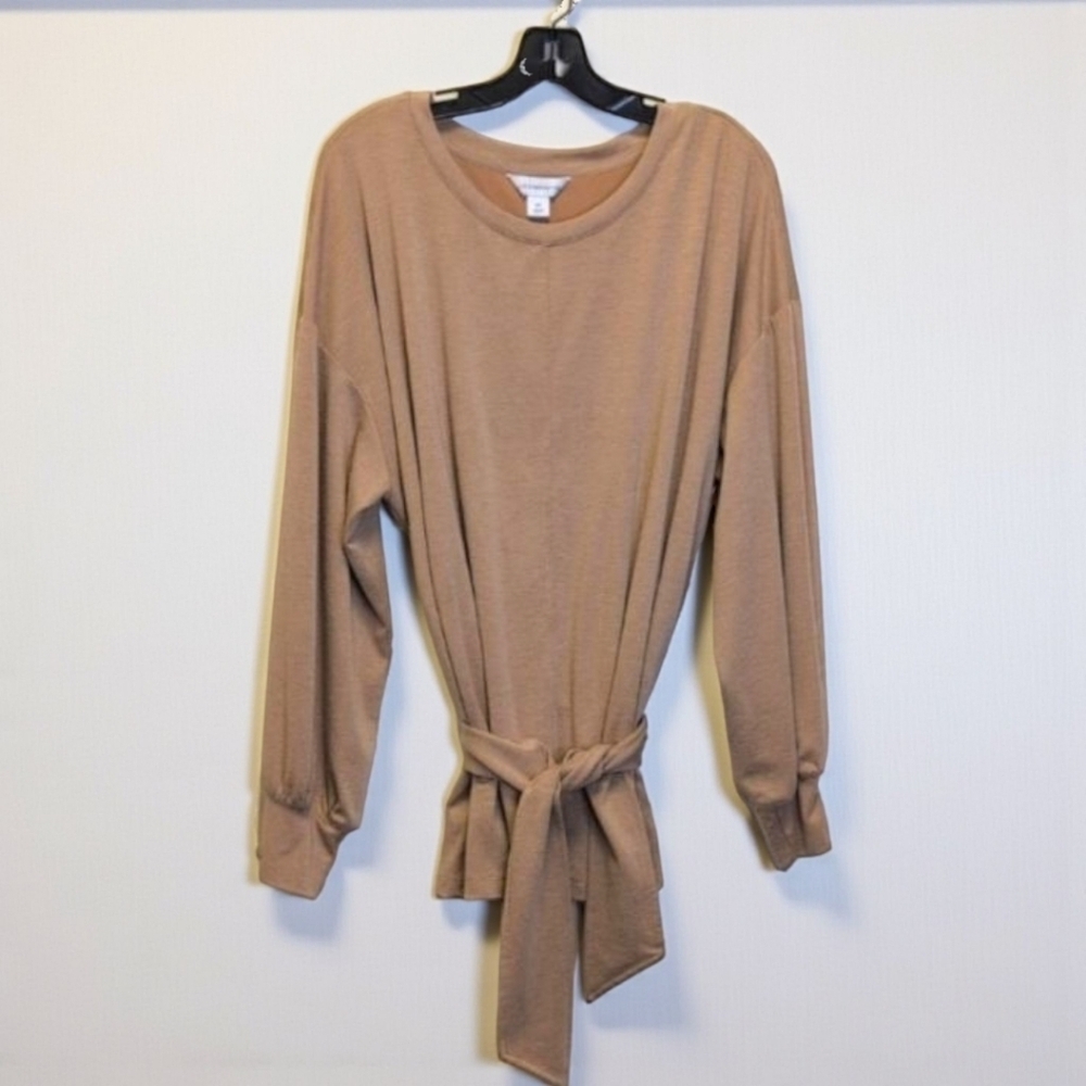 Liz Claiborne Tunic Blouson Sleeves Attached Tie Tan Women's Plus Size 2X